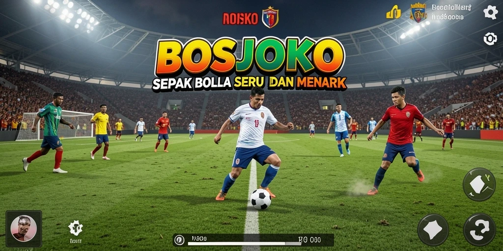 Tampilan gameplay BOSJOKO yang mendebarkan dengan aksi sepak bola intens.