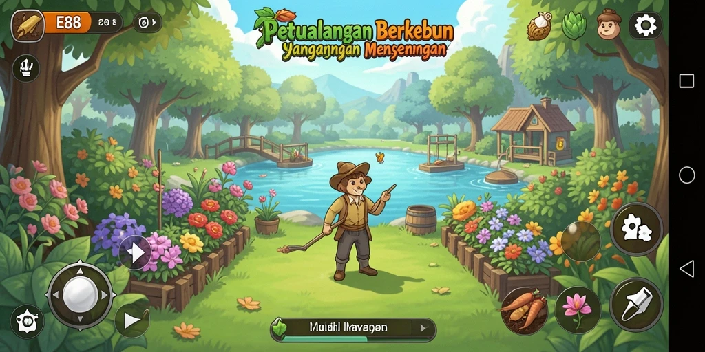 Screenshot E88 menampilkan pengalaman berkebun yang mengasyikkan dan interaksi sosial.