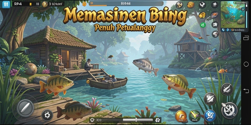 Tampilan gameplay RR44 yang menampilkan momen menangkap ikan besar.