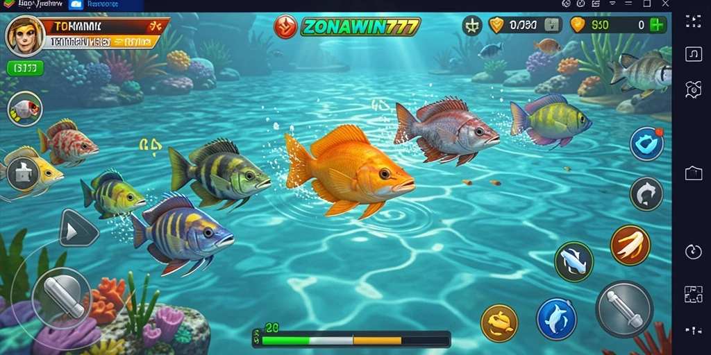 Gameplay seru Tembak Ikan di ZONAWIN777 yang menampilkan aksi menangkap ikan.